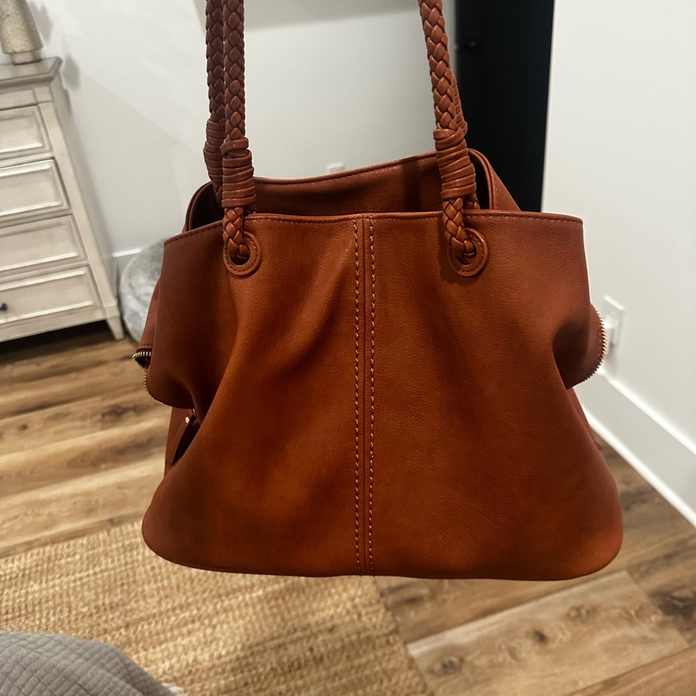 Brown Leather Shoulder Bag with Braided Handles